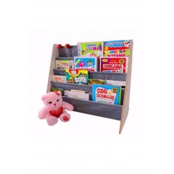 Montessori Ana Sınıfı Kreş Okul Çocuk Odası Kitaplığı Ahşap Kumaş Kitaplık Yıkanabilir Kumaş Gri