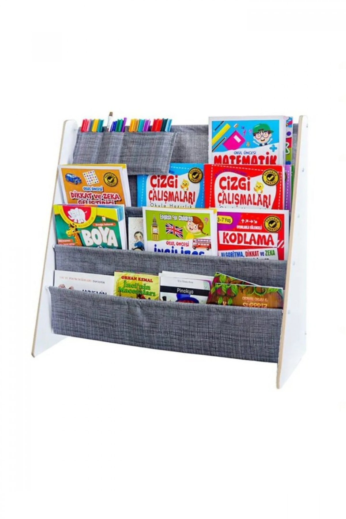 Montessori Ana Sınıfı Kreş Okul Çocuk Odası Kitaplığı Ahşap Kumaş Kitaplık Yıkanabilir Kumaş Gri