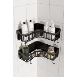 Banyor Yapışkanlı Banyo Köşeliği Rafı 2’li Banyo Düzenleyici Duvar Duş Rafı Banyo Köşe Şampuanlık Siyah