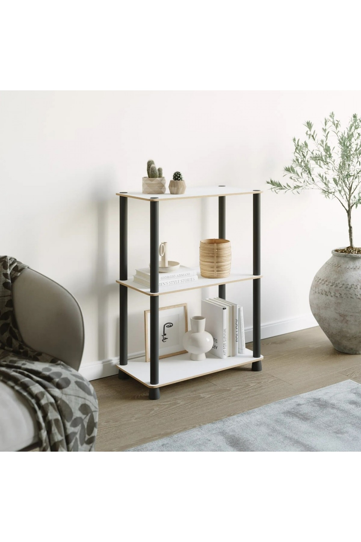 Çok Amaçlı 2 Raflı Ahşap Bambu Desen Modern Dekoratif Kitaplık Dosya Ev Ofis Rafı