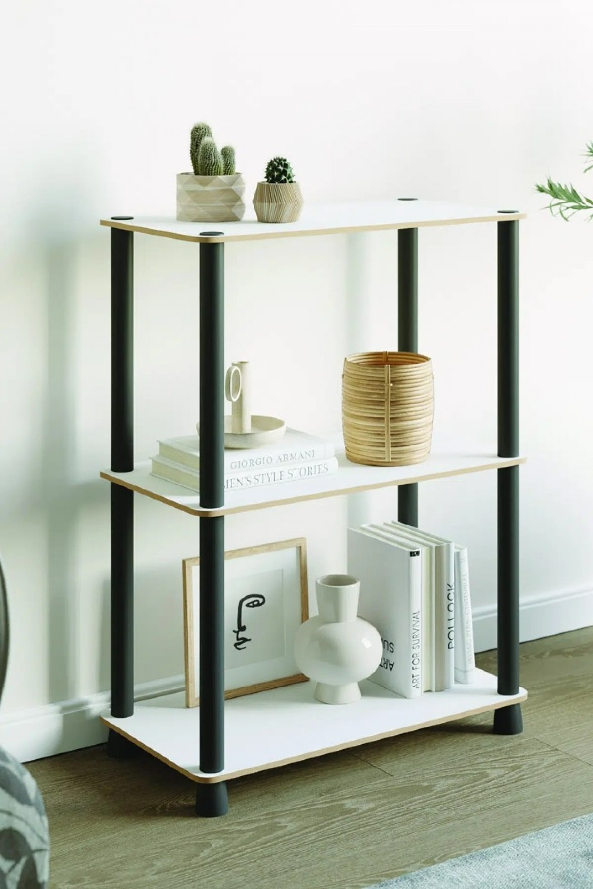 Çok Amaçlı 2 Raflı Ahşap Bambu Desen Modern Dekoratif Kitaplık Dosya Ev Ofis Rafı