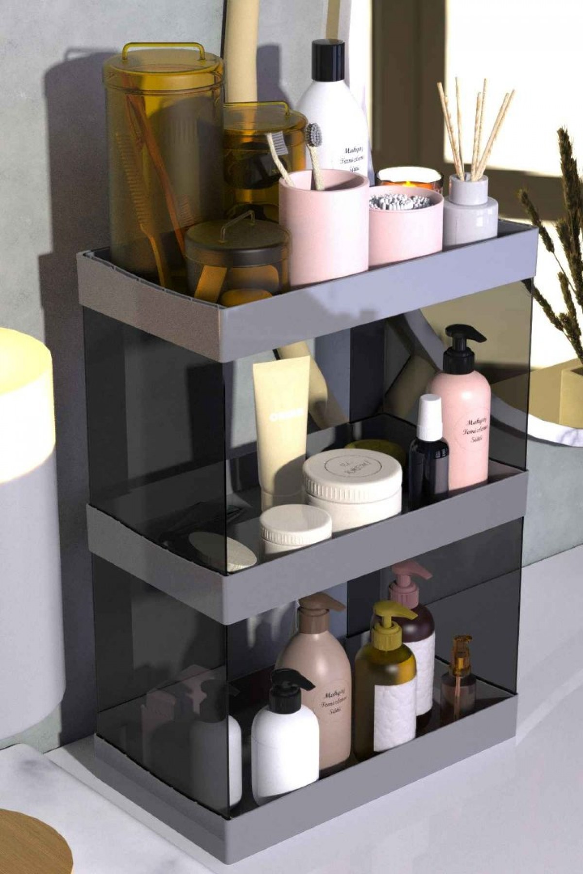 Makyaj Takı ve Bakım Ürünleri Organizeri Rafı Standı İki Katlı Çok Amaçlı Düzenleyici Antrasit