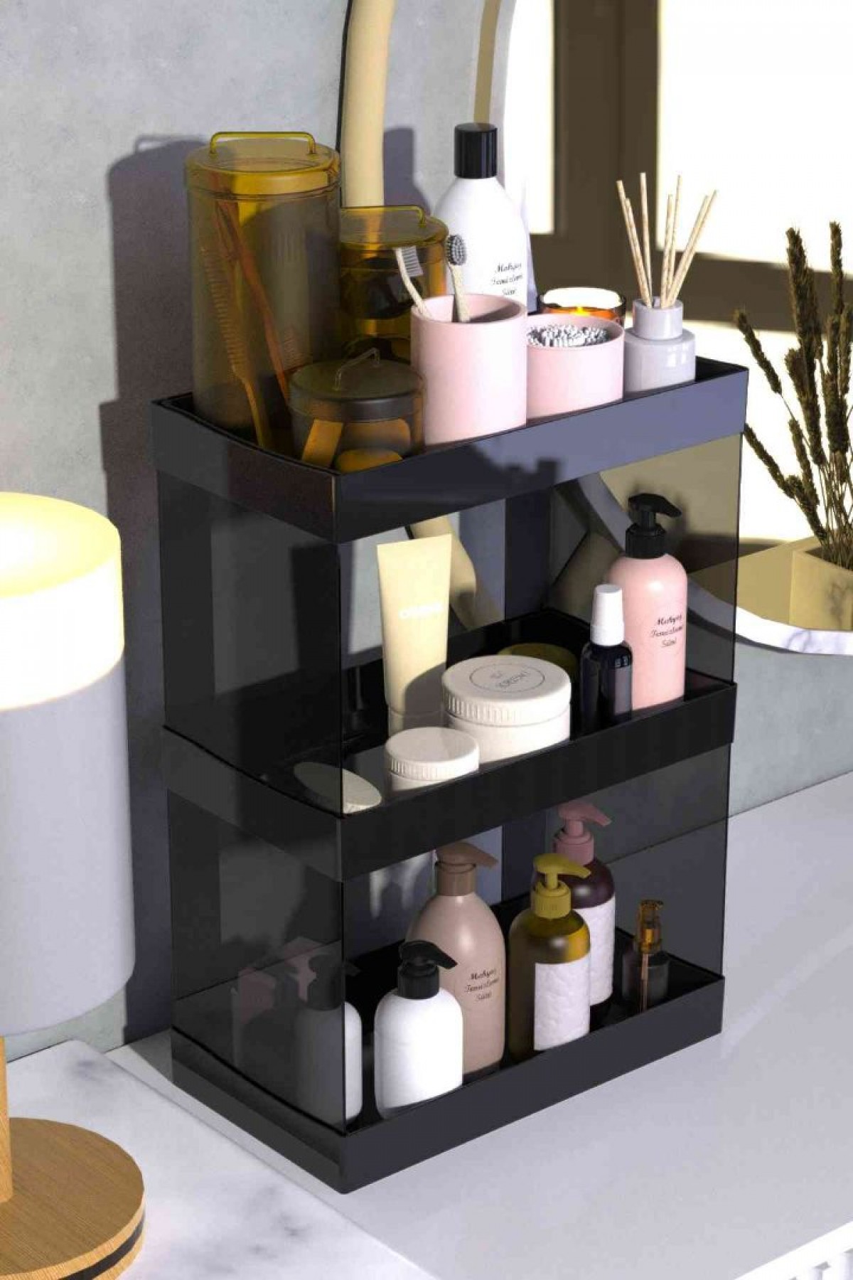 Makyaj Takı ve Bakım Ürünleri Organizeri Rafı Standı İki Katlı Çok Amaçlı Düzenleyici Siyah