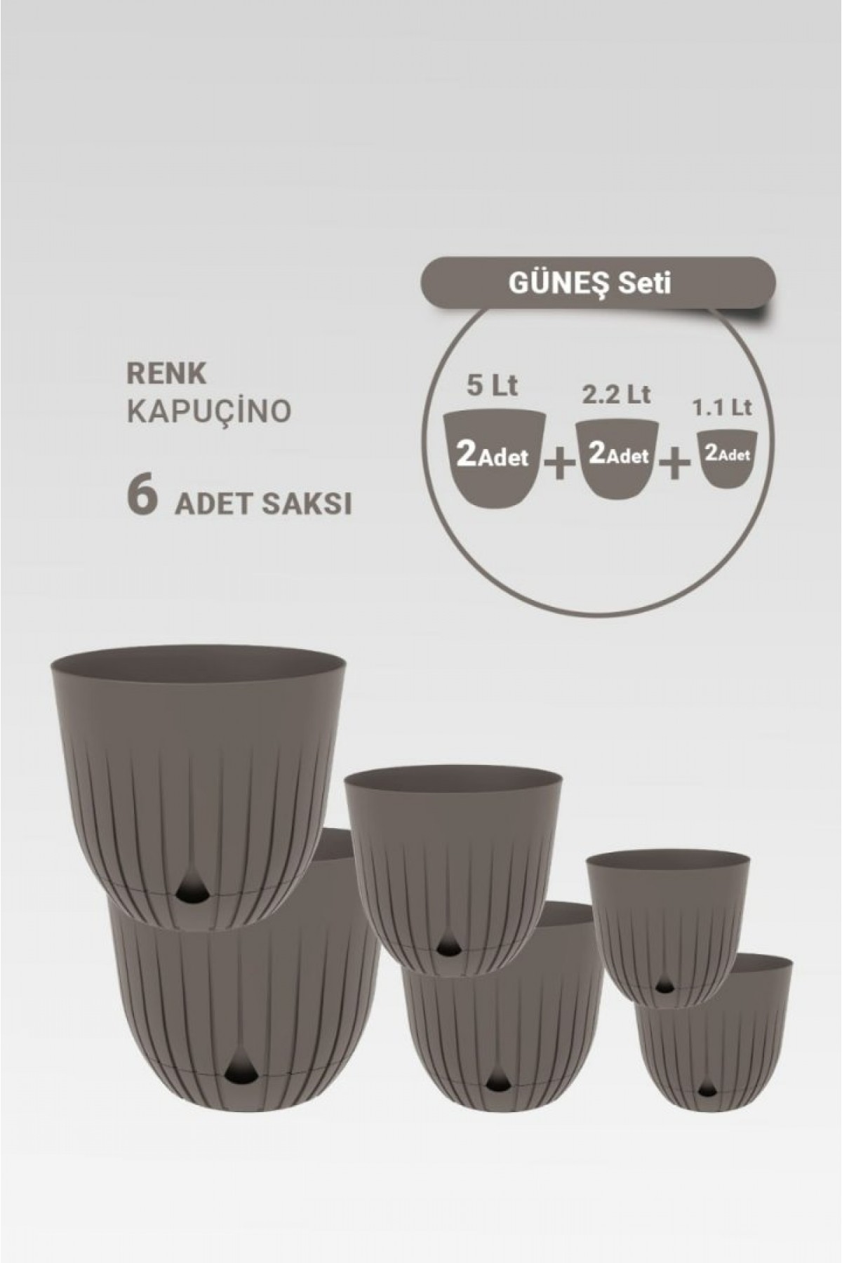 6 Adet Dekoratif Plastik Saksı Seti (2x 5 Litre, 2x 2.2 Litre, 2x 1.1 Litre), Kapuçino Rengi