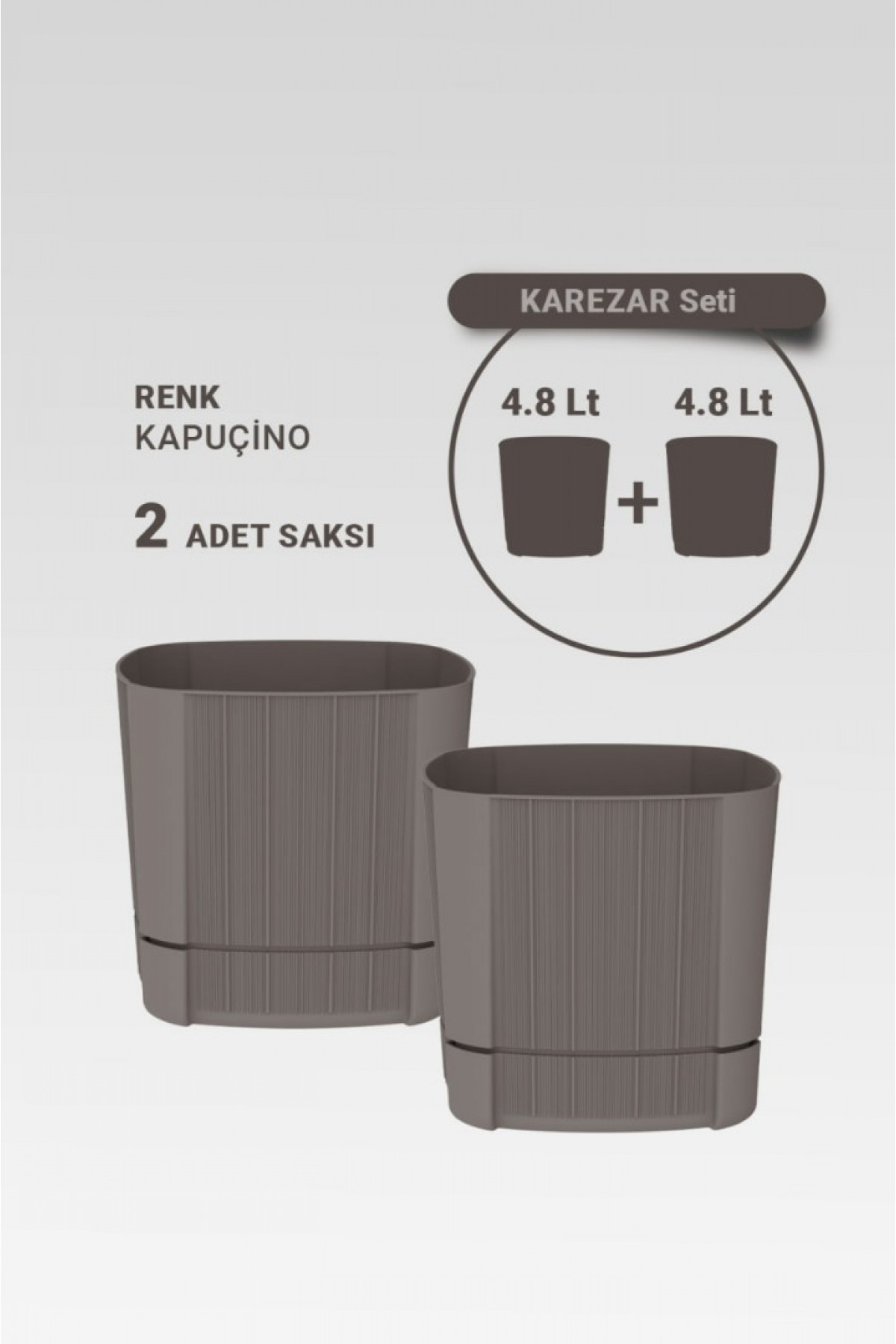 Karezar Seti – 2 Adet Kare Şekilli Dekoratif Plastik Saksı, Kapuçino Renk (4.8 Litre)