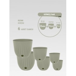 6 Adet Dekoratif Plastik Saksı Seti (2x 5 Litre, 2x 2.2 Litre, 2x 1.1 Litre), Krem Rengi