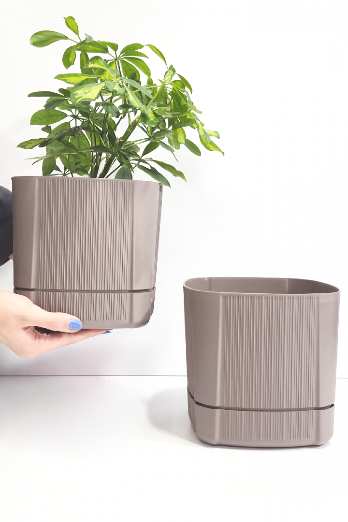 Karezar Seti – 2 Adet Kare Şekilli Dekoratif Plastik Saksı, Kapuçino Renk (4.8 Litre)