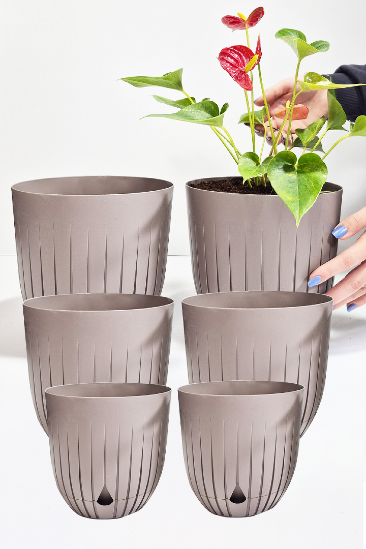 6 Adet Dekoratif Plastik Saksı Seti (2x 5 Litre, 2x 2.2 Litre, 2x 1.1 Litre), Kapuçino Rengi