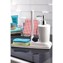 Armona Yumuşak Silikon Fırçalı Tezgah Üstü Mutfak Banyo Sıvı Sabunluk Takımı Süngerlik Bez Seti